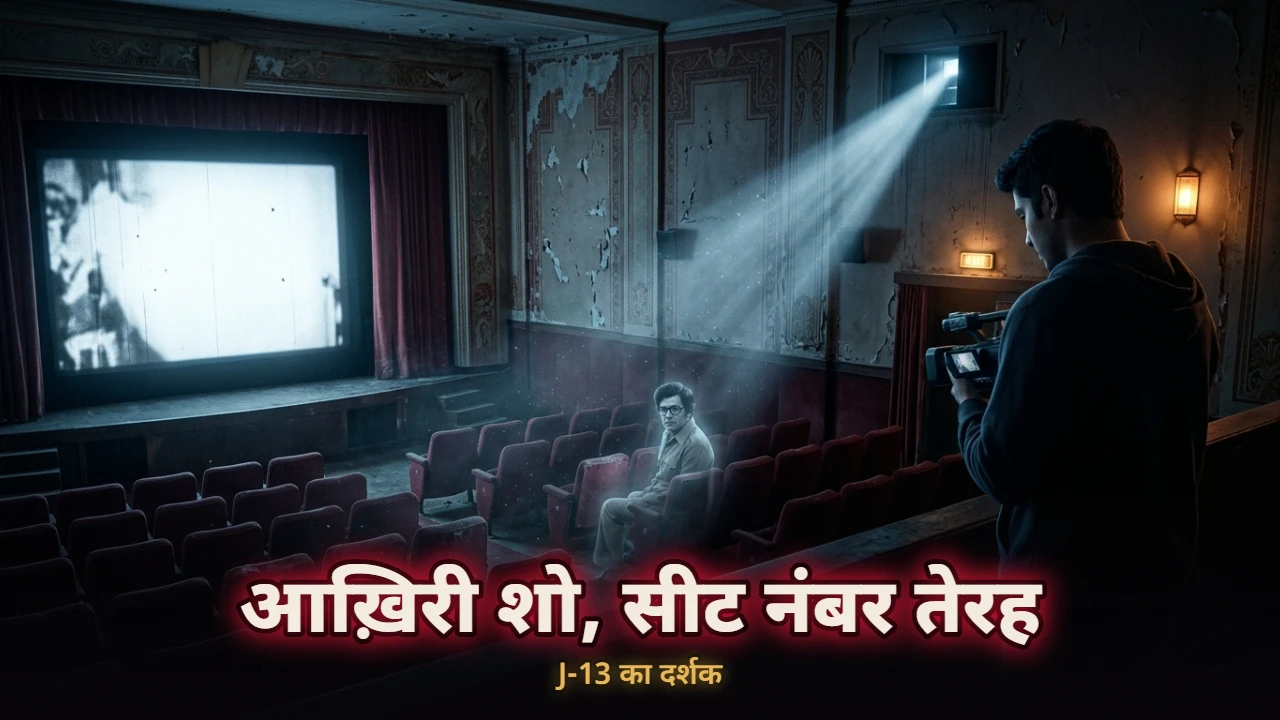 पुराने सिंगल स्क्रीन सिनेमा हॉल में प्रोजेक्टर की रोशनी और सीट पर बैठा पारदर्शी भूतिया दर्शक