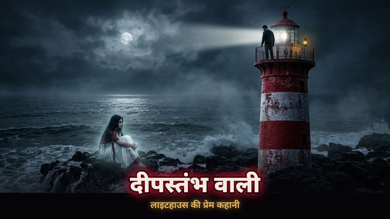 चाँदनी रात में लाइटहाउस के नीचे समुद्री चट्टान पर बैठी सफ़ेद-लाल साड़ी वाली भूतिया लड़की